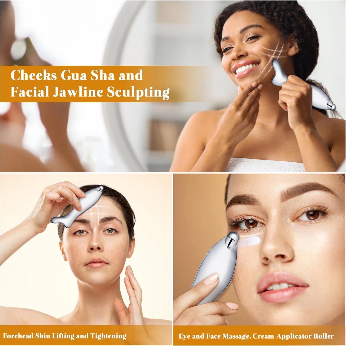Gua Sha Tool for Face & Eye, Stainless Steel Gua Sha Facial Massager Tool for Reduce Puffiness, Relax Facial Tension & Promote Lymphatic Drainage, Body Scraper, Eye Massage Roller