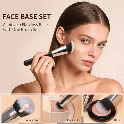 3 Pcs Foundation Contour Blush Conceal Brush Set, 3PCS Angled Synthetic Kabuki Brush for Blending Setting Buffing with Liquid, Cream and Powder Cosmetic(Black)