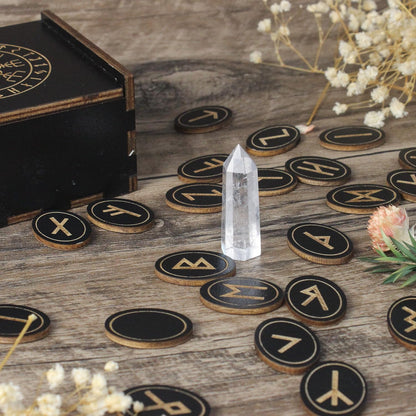 Runes, Wooden Runes Set with Guide Book, Healing Crystals, Ritual Paper, Tarot Bag, Witch Runa for Beginners, Witchcraft/Divination/Meditation/Spiritual
