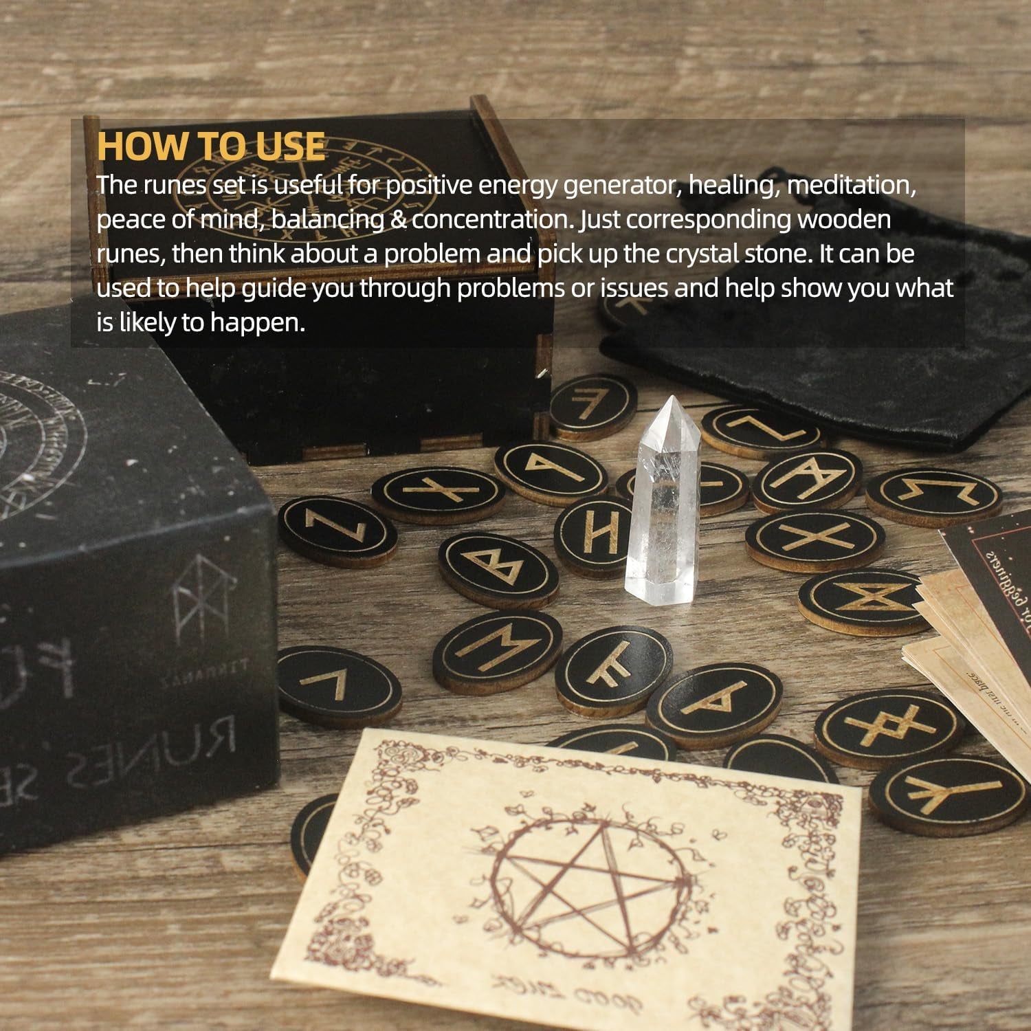 Runes, Wooden Runes Set with Guide Book, Healing Crystals, Ritual Paper, Tarot Bag, Witch Runa for Beginners, Witchcraft/Divination/Meditation/Spiritual