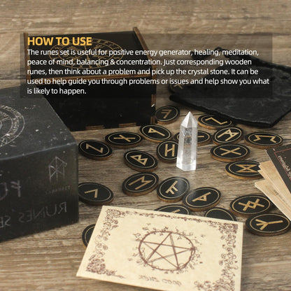 Runes, Wooden Runes Set with Guide Book, Healing Crystals, Ritual Paper, Tarot Bag, Witch Runa for Beginners, Witchcraft/Divination/Meditation/Spiritual