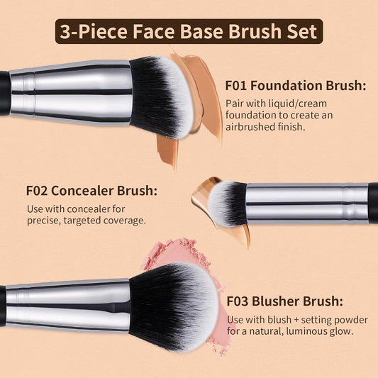 3 Pcs Foundation Contour Blush Conceal Brush Set, 3PCS Angled Synthetic Kabuki Brush for Blending Setting Buffing with Liquid, Cream and Powder Cosmetic(Black)