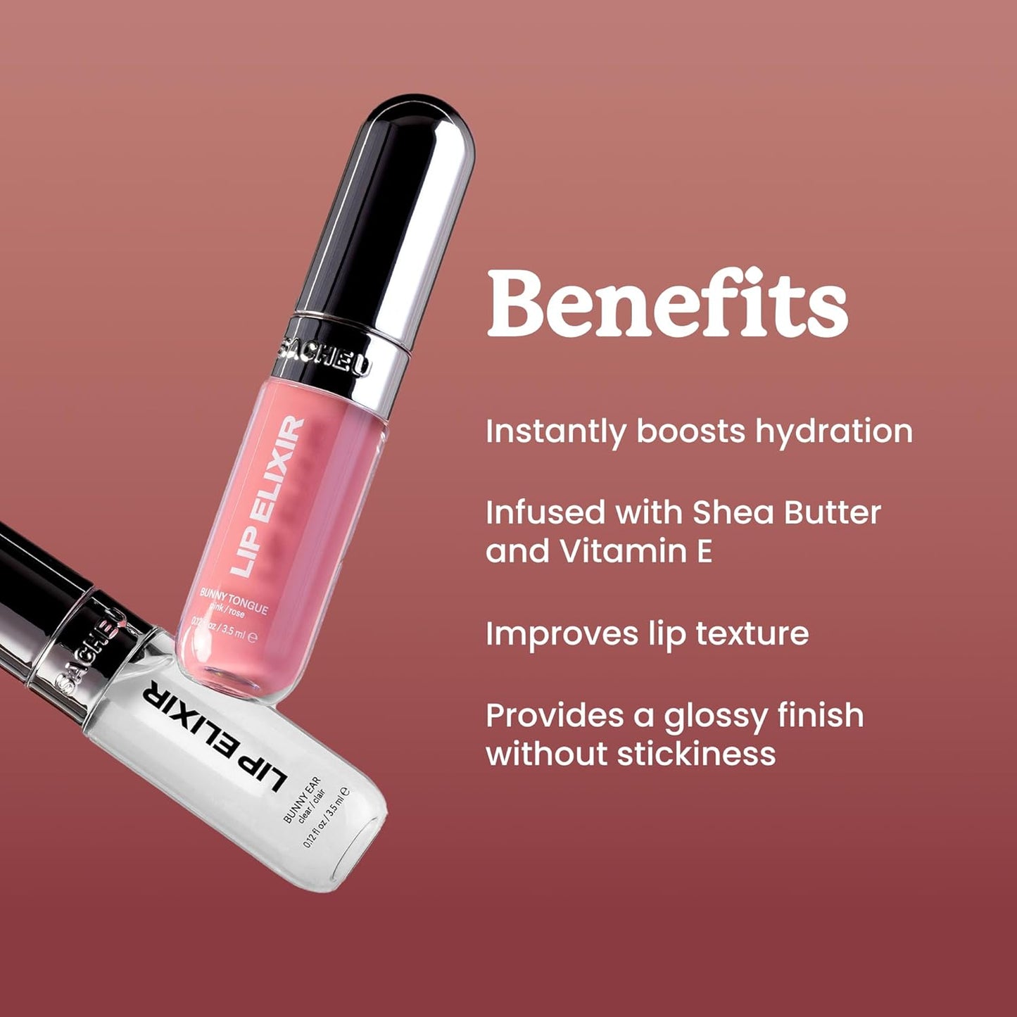 Lip Elixir Nourishing and Hydrating Lipgloss — Moisturizing Plumping Lip Gloss Enriched with Collagen, Non-Sticky Lip Color Smooth High-Shine Finish (Bunny Tongue)